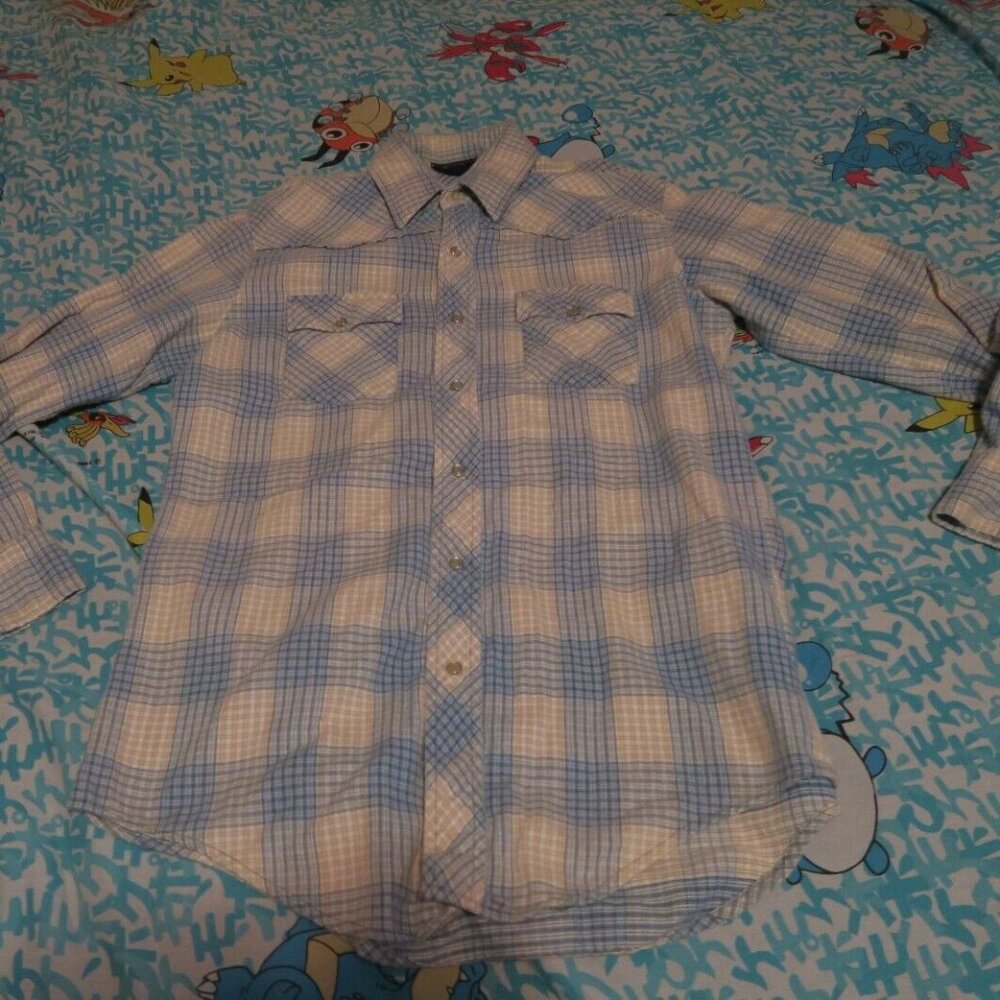VTG JCPenny The Men’s Shop Yellow Blue Plaid Shirt Pearl Snap Sz X Tall  16-16.5
